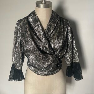 Vintage black lace over cream satin 3/4 sleeve jacket